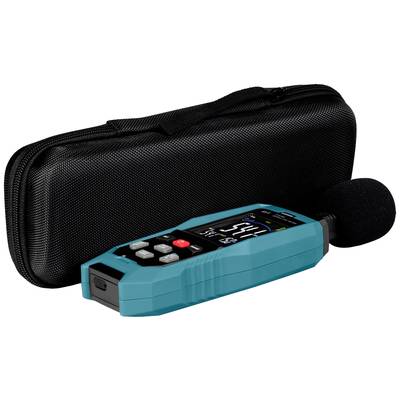 Blaues Schallpegelmessgerät mit digitalem Display und Mikrofon, platziert neben einem schwarzen Etui.
