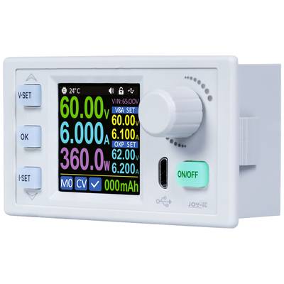 Mehrfarbiges digitales Display eines Spannungsreglers. Zeigt Spannungs-, Strom- und Leistungswerte an. Steuerknopf und Bedientasten rechts.