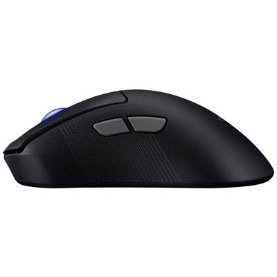 Schwarze kabellose Computermaus mit zwei seitlichen Tasten und einer blauen Scrollradkugel auf der linken Seite, Seitenansicht.