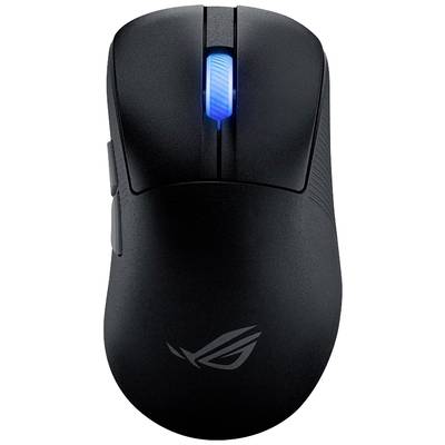 Schwarze Computermaus mit beleuchtetem blauen Scrollrad und einem Logo auf der Oberseite. Sie besitzt seitliche Bedienelemente.
