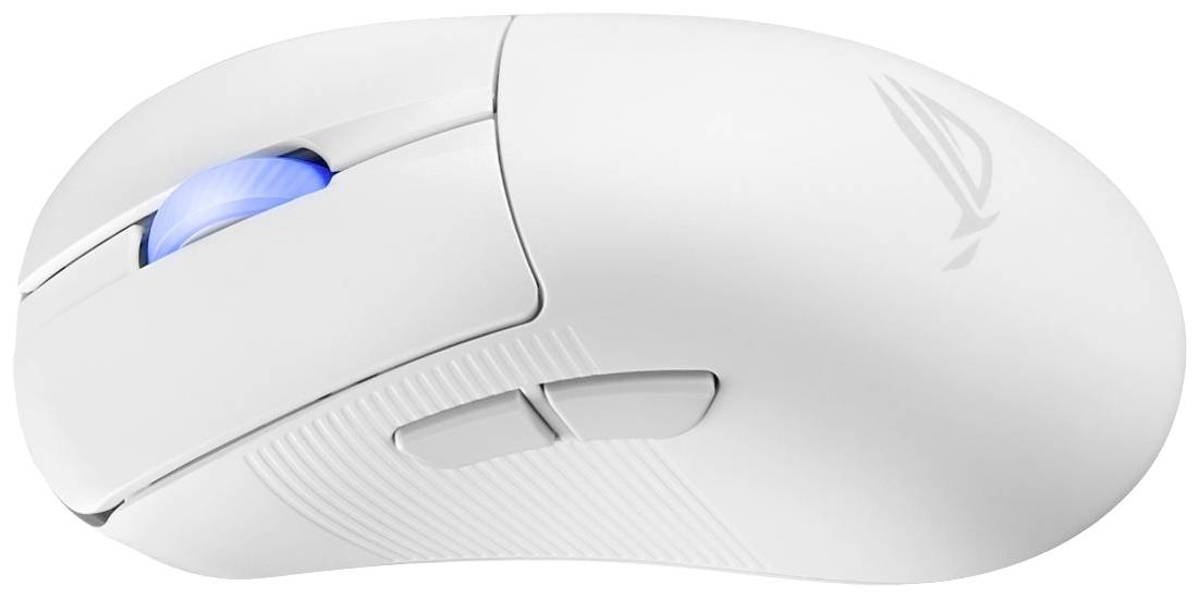 Kabellose weiße Computermaus mit blauer Scrollradbeleuchtung, zwei seitlichen Tasten und einem stilisierten Logo auf der Oberseite.