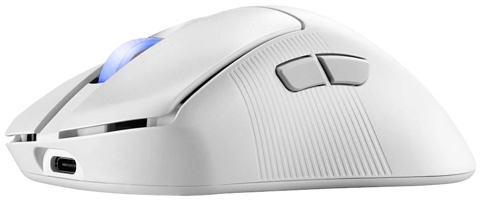 Weiße Computermaus mit zwei zusätzlichen Seitentasten und einem blauen Scrollrad aus transparentem Kunststoff, USB-C-Anschluss an der Vorderseite.