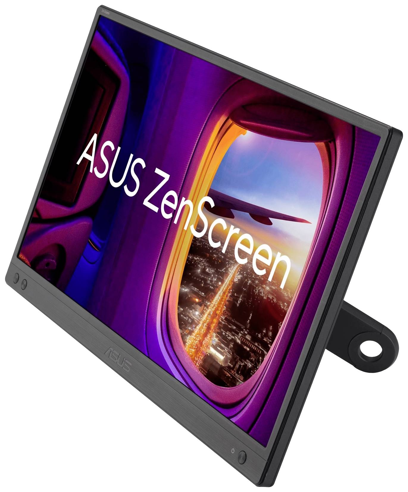 Ein ASUS ZenScreen-Monitor zeigt ein Bild aus einem Flugzeugfenster mit Blick auf eine Stadt bei Nacht. Der Bildschirm steht aufrecht.