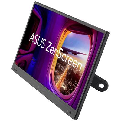 Ein ASUS ZenScreen-Monitor zeigt ein Bild aus einem Flugzeugfenster mit Blick auf eine Stadt bei Nacht. Der Bildschirm steht aufrecht.