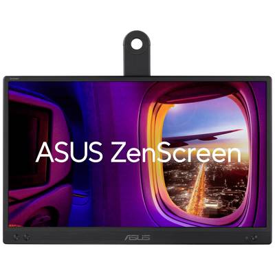 Ein ASUS ZenScreen zeigt ein Flugzeugfenster bei Sonnenuntergang mit Blick auf eine Stadt. Der Text 'ASUS ZenScreen' ist sichtbar.