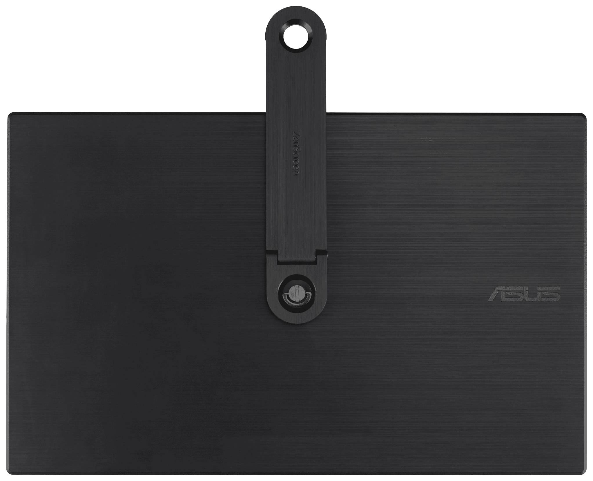 Ein schwarzes Asus-Tablet mit einem klappbaren Ständer, der oben mittig angebracht ist, zeigt die Rückseite des Geräts.