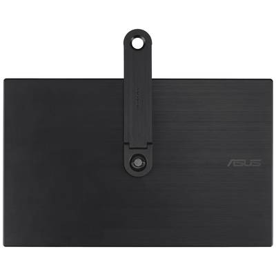 Ein schwarzes Asus-Tablet mit einem klappbaren Ständer, der oben mittig angebracht ist, zeigt die Rückseite des Geräts.