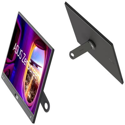 Tragbarer ASUS ZenScreen Monitor mit buntem Display und seitlichem Ständer, ideal für mobiles Arbeiten und Reisen.