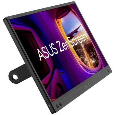 Ein tragbarer Monitor mit der Aufschrift 'ASUS ZenScreen', zeigt ein Fenster mit Ausblick auf den Flügel eines Flugzeugs.