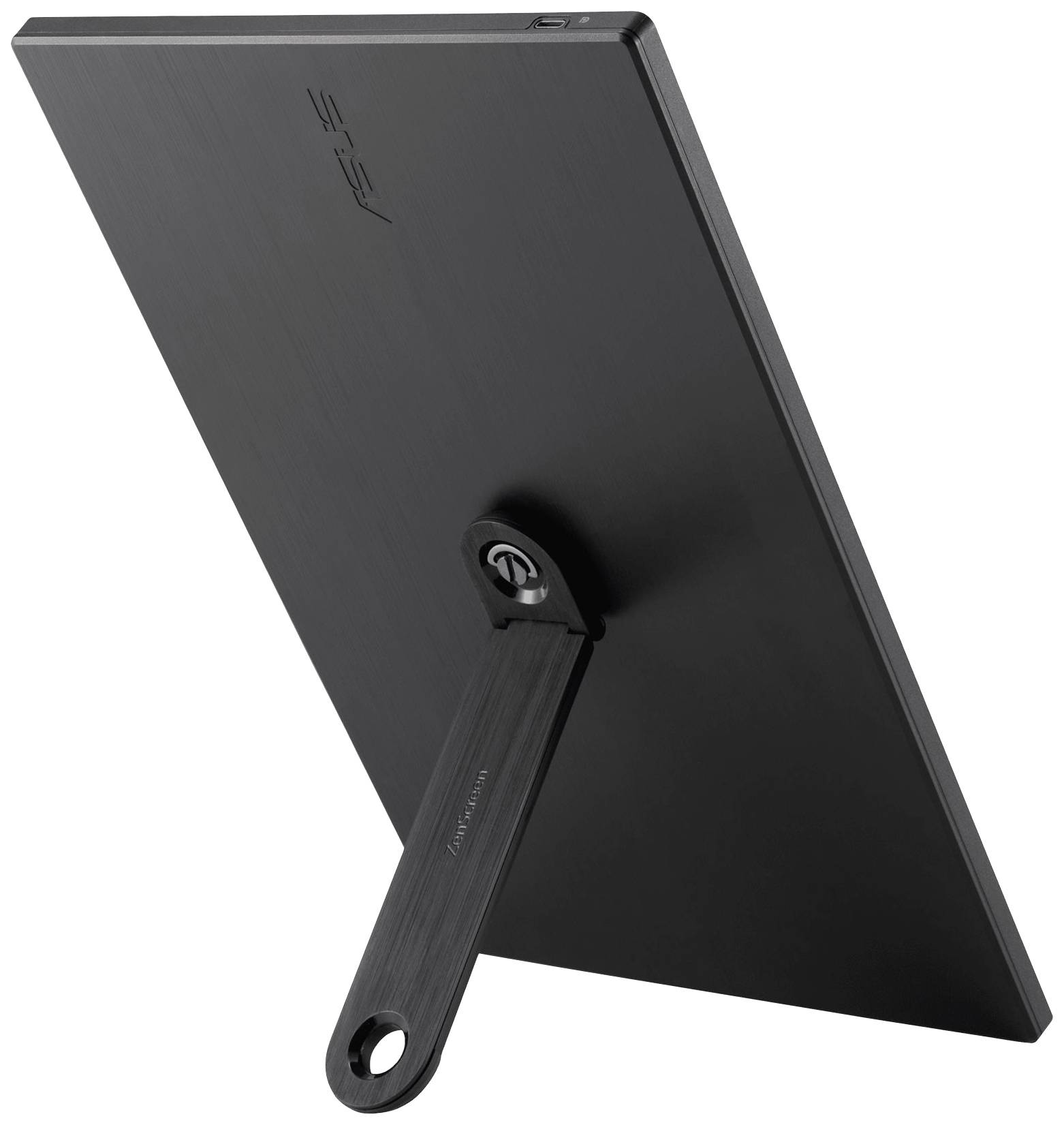 Ein schlanker, schwarzer Monitor steht auf einem ausklappbaren Ständer.