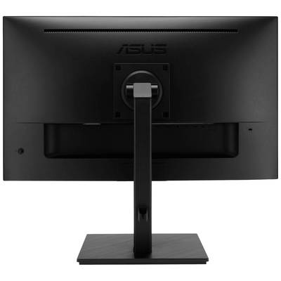 Hinteransicht eines schwarzen Monitors auf einem rechteckigen Standfuß, mit zentralem Scharnier zur Höhenverstellung.