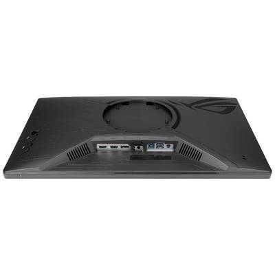 Rückansicht eines Computerbildschirms mit Anschlüssen: HDMI, DisplayPort, USB und Kopfhörer. ROG-Logo oben rechts sichtbar.