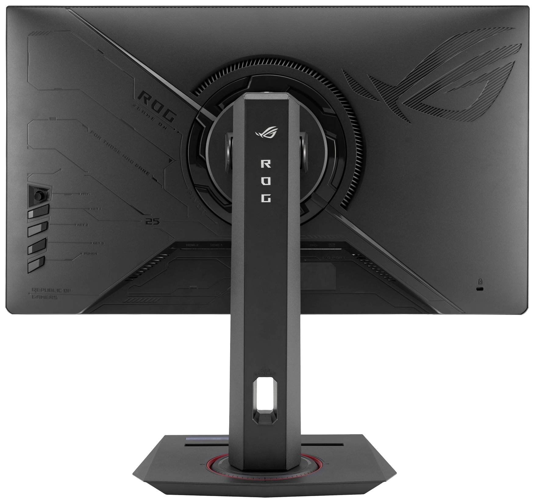 Ein Gaming-Monitor der Marke ROG von hinten, zeigt den Standfuß und die Anschlüsse auf der linken Seite des Displays.