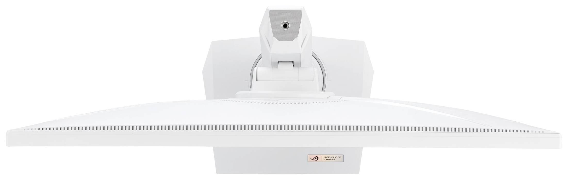 Ein weißer Computermonitor von oben mit einem belüfteten Rahmen und einem befestigten Standfuß, der zur Wandmontage geeignet ist.