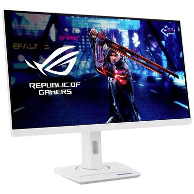 'ASUS Republic of Gamers' Monitor mit Gaming-Bild zeigt eine Science-Fiction-Szene mit einer Person und einem leuchtenden Schwert.