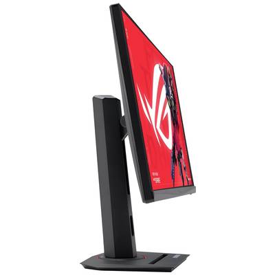 Ein schwarzer Computerbildschirm mit rotem Hintergrund zeigt ein futuristisches Roboterbild. Der Monitor ist seitlich abgebildet.