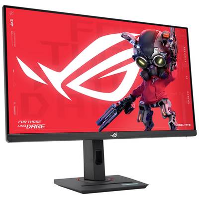 Ein Gaming-Monitor mit einem futuristischen Roboter vor einem roten Hintergrund, das Logo von ROG links.