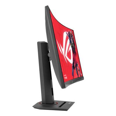 Ein gebogener Computerbildschirm mit rotem Hintergrund zeigt das ROG-Logo und eine animierte Figur, von der Seite betrachtet.
