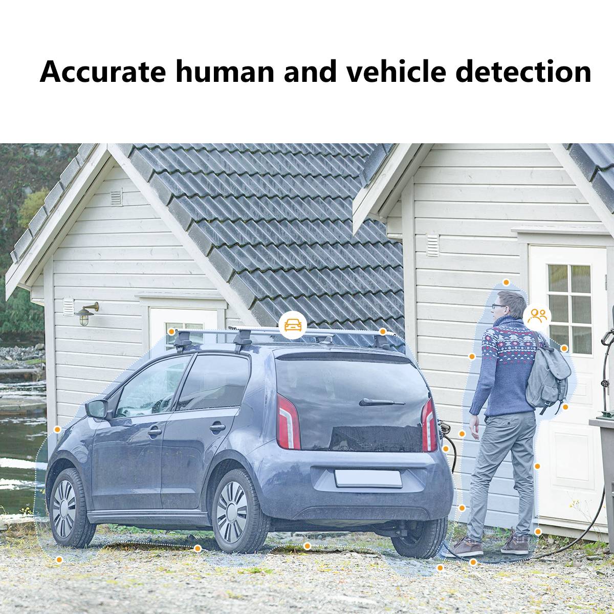 Ein Auto parkt vor einem Haus. Eine Person steht daneben. Der Text oben lautet: 'Accurate human and vehicle detection'.