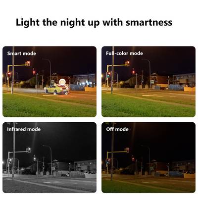 Oben: Zwei Bilder von Straßenlaternen in Smart- und Vollfarbmodus. Unten: Infrarot- und Aus-Modus zeigen Beleuchtungsunterschiede.