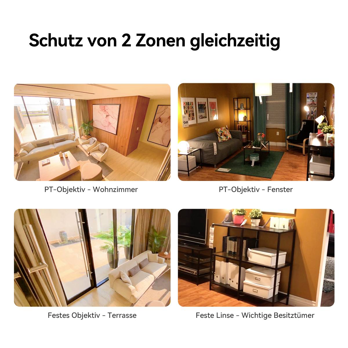 'Schutz von 2 Zonen gleichzeitig' zeigt vier Bilder: Wohnzimmer, Fenster, Terrasse, wichtige Besitztümer; alle mit Überwachung.