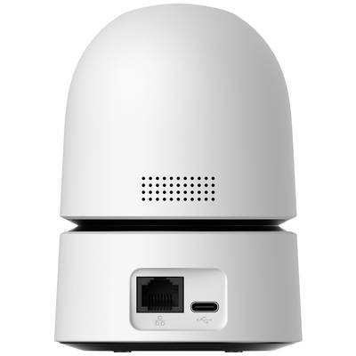 Weiße Überwachungskamera mit Ethernet- und USB-C-Anschlüssen auf der Rückseite.