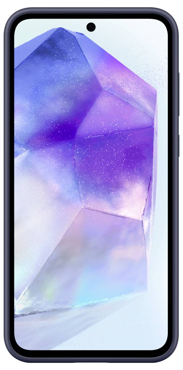 Ein Smartphone mit einem Display zeigt ein abstraktes, farbenfrohes Muster in Blau- und Lilatönen.