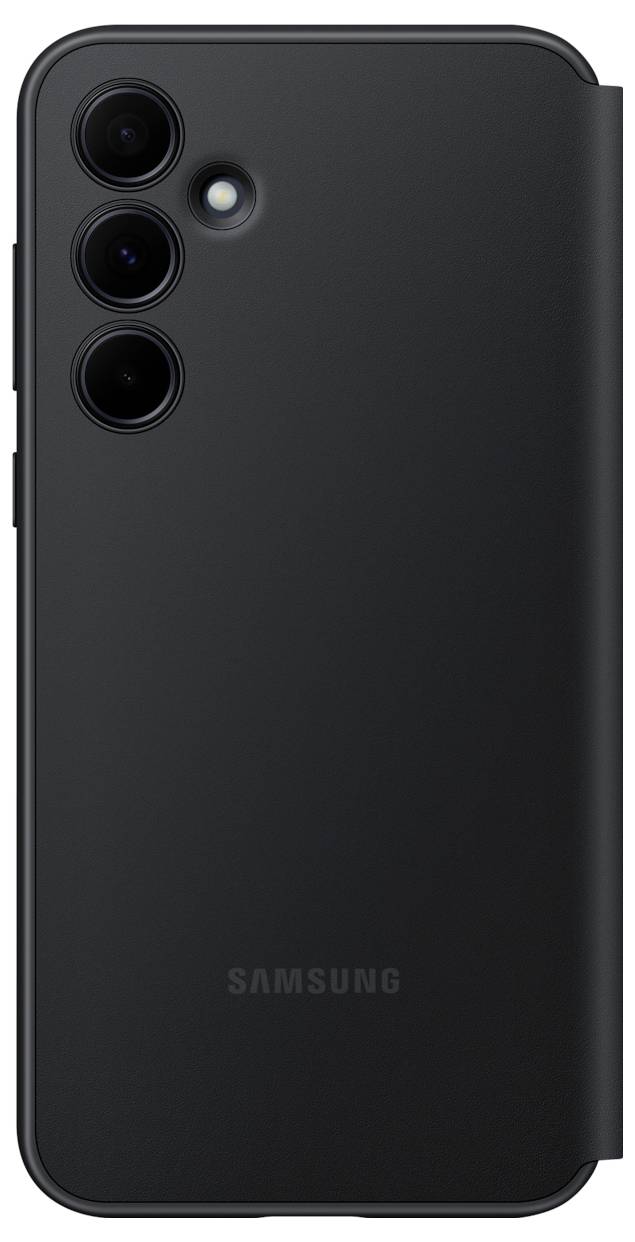 Ein schwarzes Smartphone mit drei Kameras auf der Rückseite. Das Gerät trägt den Markennamen 'Samsung'.