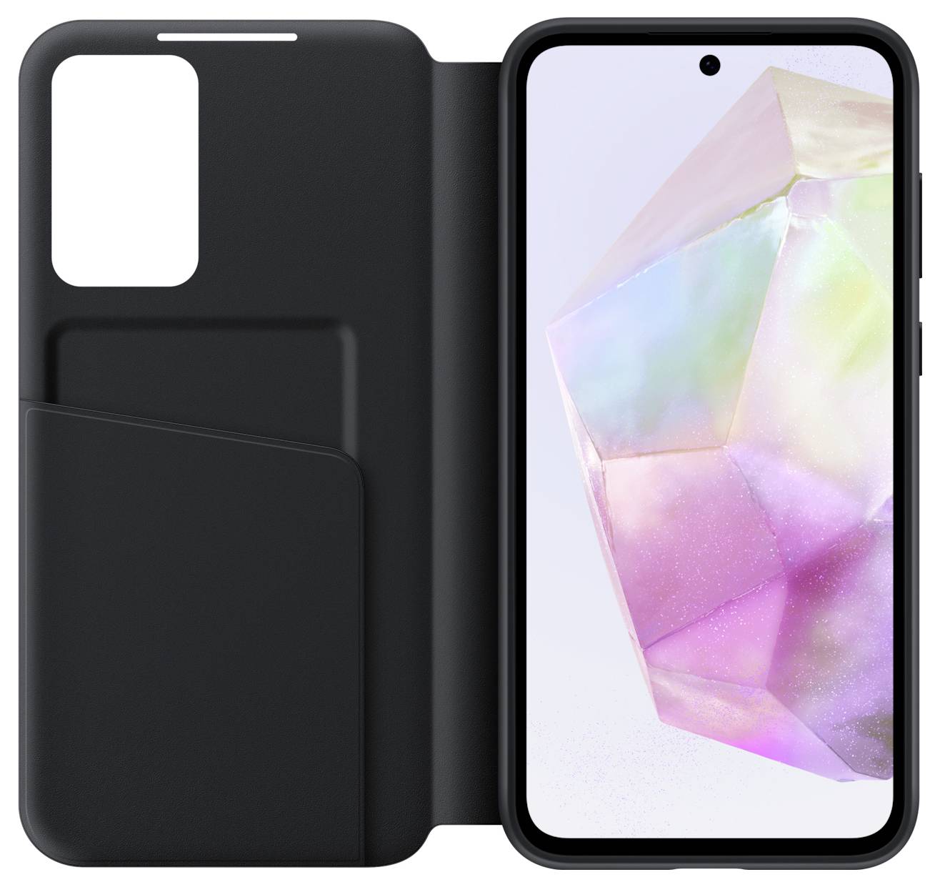 Ein Smartphone mit schwarzer Hülle, Bildschirm zeigt ein buntes, geometrisches Muster. Hülle hat ein Fach für Karten.