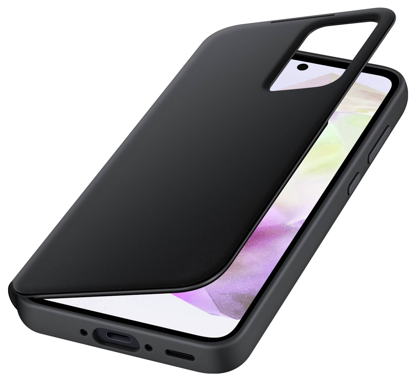 Eine schwarze Smartphone-Schutzhülle liegt teilweise geöffnet auf einem Handy mit einem bunten Bildschirm.