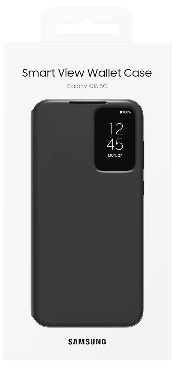 Eine schwarze Handyhülle für das Galaxy A35 5G mit Smart-View-Funktion, Verpackung mit Logo und Geräteanzeige.