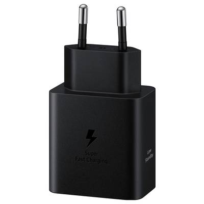 Schwarzes Ladegerät mit der Aufschrift 'Super Fast Charging'. Zwei Pins oben für Steckdosenanschluss.