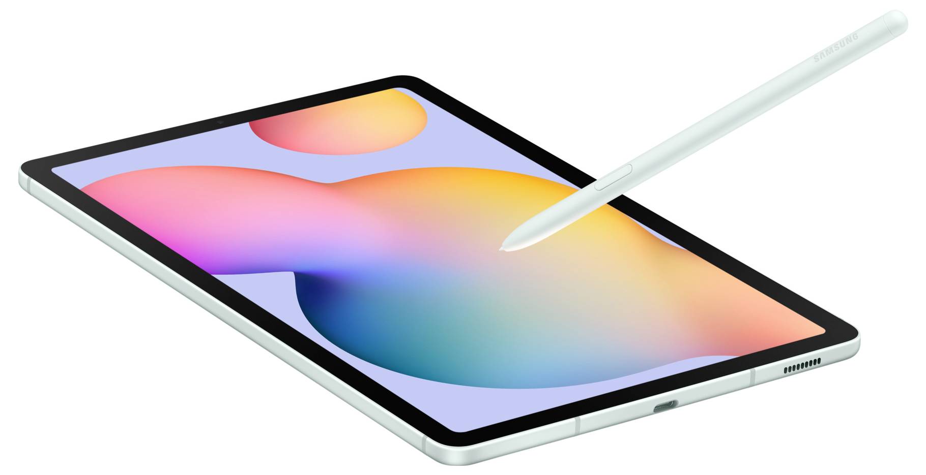 Ein Tablet mit einem schwebenden Stift darüber, zeigt einen bunten Bildschirm mit verlaufenden Formen; symbolisiert digitale Kreativität.