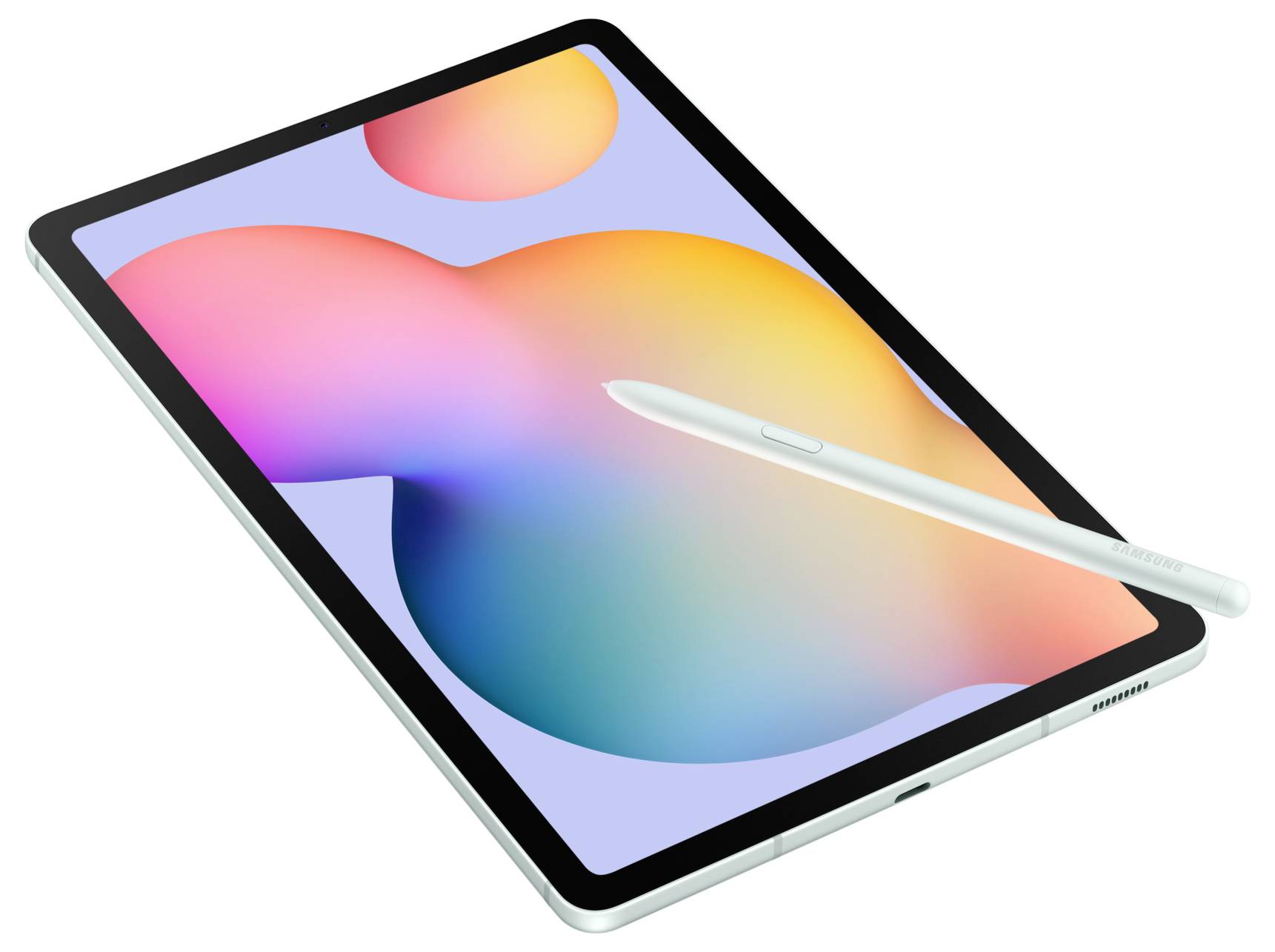 Ein Tablet mit einem digitalen Stift liegt auf weißem Hintergrund. Der Bildschirm zeigt bunte, abstrakte Formen.