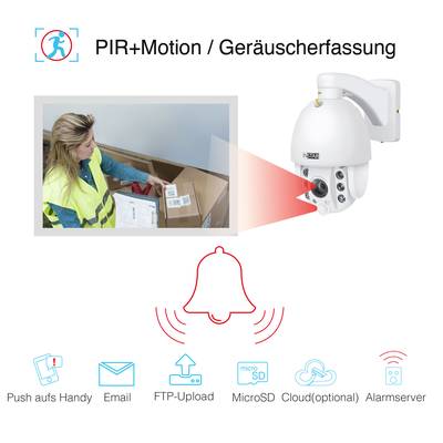 Eine Überwachungskamera mit PIR-Bewegungserkennung wird auf ein Regal mit einer Person ausgerichtet. Symbole unten zeigen Funktionen wie Handy-Benachrichtigungen, E-Mail, FTP-Upload und Cloud-Option.