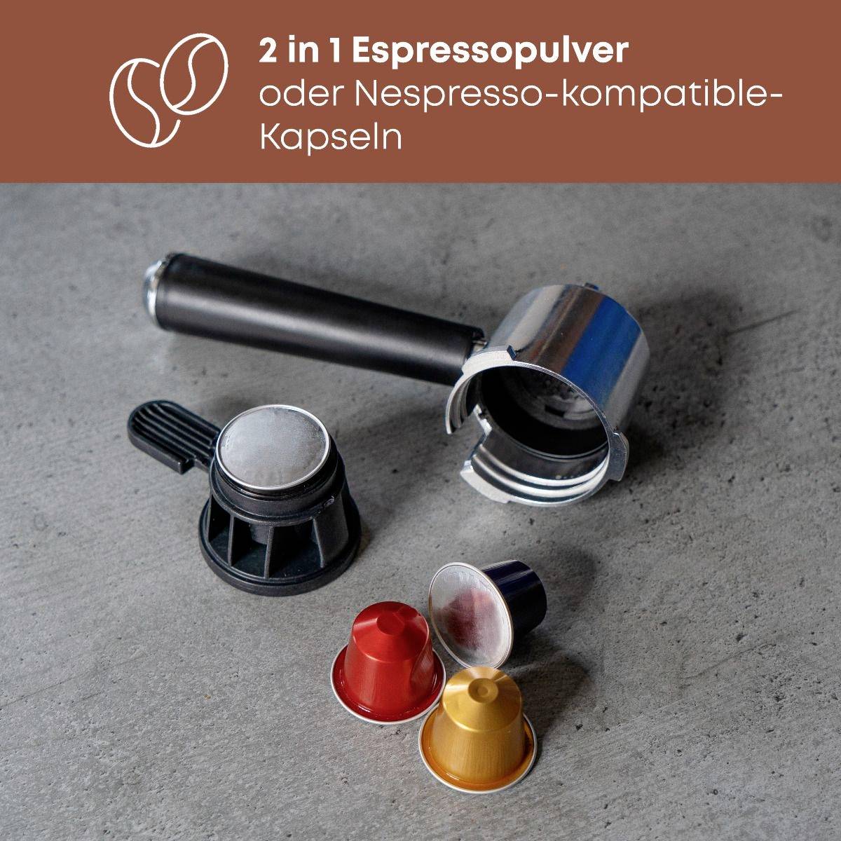 '2 in 1 Espressopulver oder Nespresso-kompatible-Kapseln' mit Bild: Portafilter und Kapseln auf grauem Hintergrund.