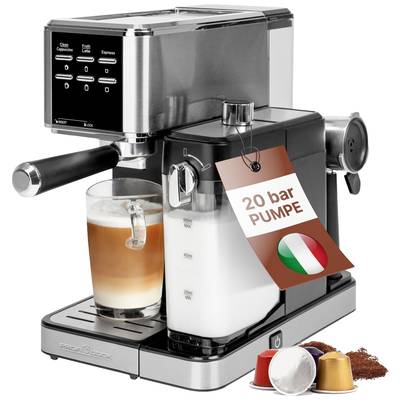 Silberne Espressomaschine mit digitalem Display, zubereiteter Latte Macchiato im Glas, italienische Flagge auf '20 bar Pumpe'-Etikett.