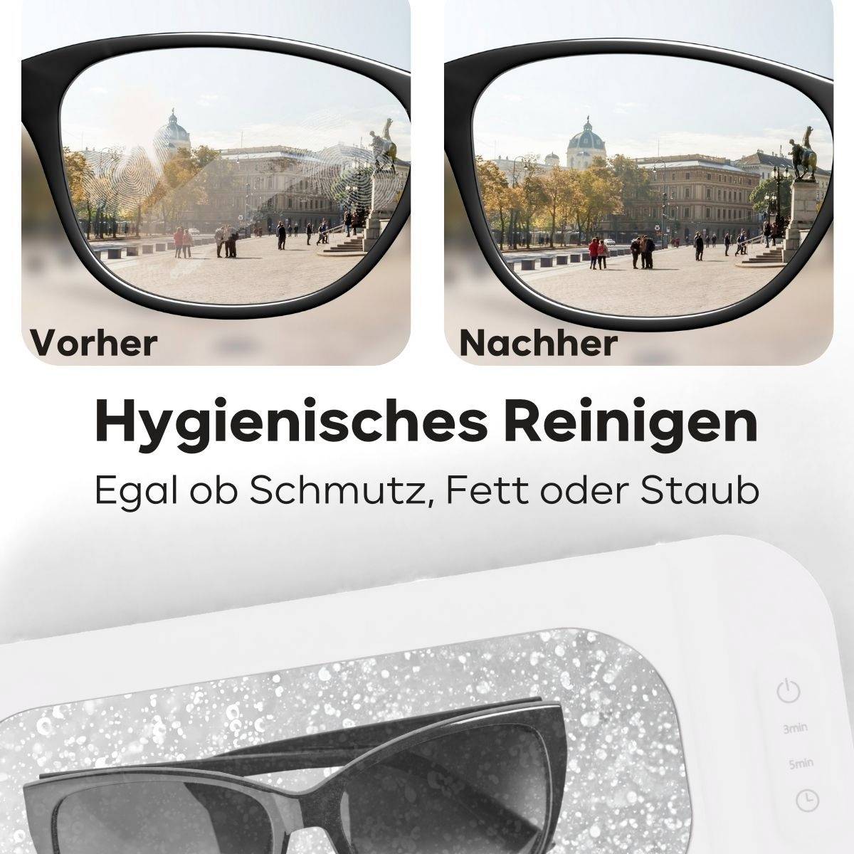 Brillengläser vor und nach Reinigung, Stadtplatz bei Sonnenschein. Text: 'Hygienisches Reinigen, Egal ob Schmutz, Fett oder Staub'.
