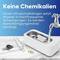 Ein Ultraschallreiniger (metallene Uhr, Brille, Ringe) mit fließendem Wasser von einem Wasserhahn, Text: 'Keine Chemikalien'.