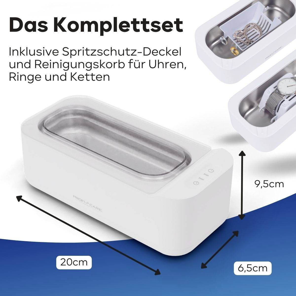'Das Komplettset' enthält einen Ultraschallreiniger mit Spritzschutz-Deckel und Reinigungskorb. Geeignet für Uhren, Ringe und Ketten. Maße: 20 cm x 9,5 cm x 6,5 cm.