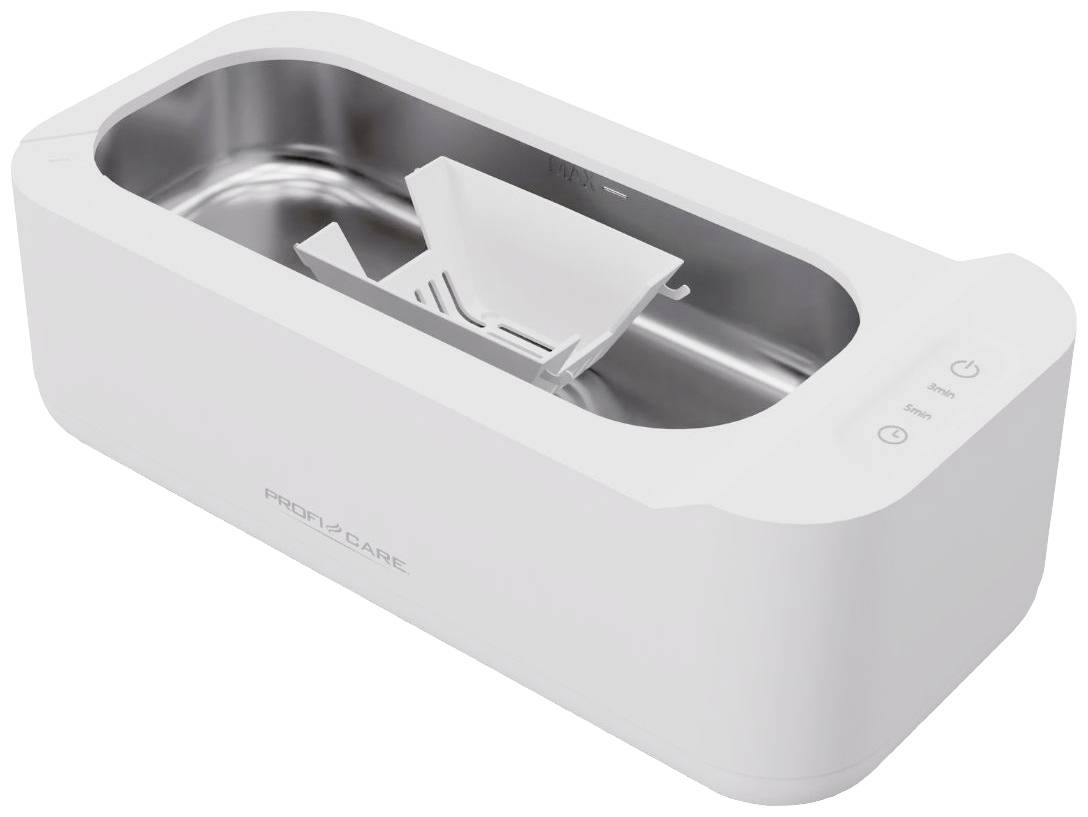 Ultraschall-Reinigungsgerät in Weiß, rechteckige Form. Sichtbar sind das Edelstahl-Innenfach und Bedientasten an der Seite.