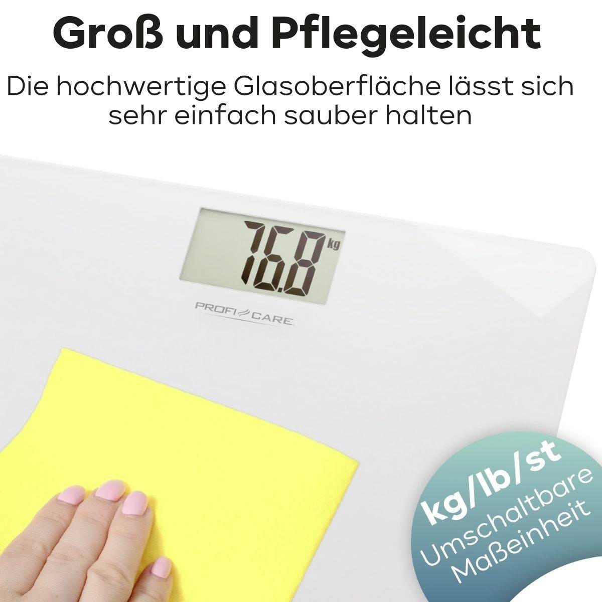 Waage mit Display zeigt '76.0 kg'. Hand mit gelbem Tuch reinigt Glasoberfläche. Text sagt: 'Groß und Pflegeleicht'.