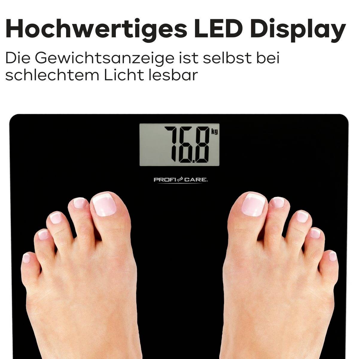 Elektronische Waage mit LED-Anzeige zeigt '76 kg'. Füße stehen darauf. Text oben: 'Hochwertiges LED Display'.