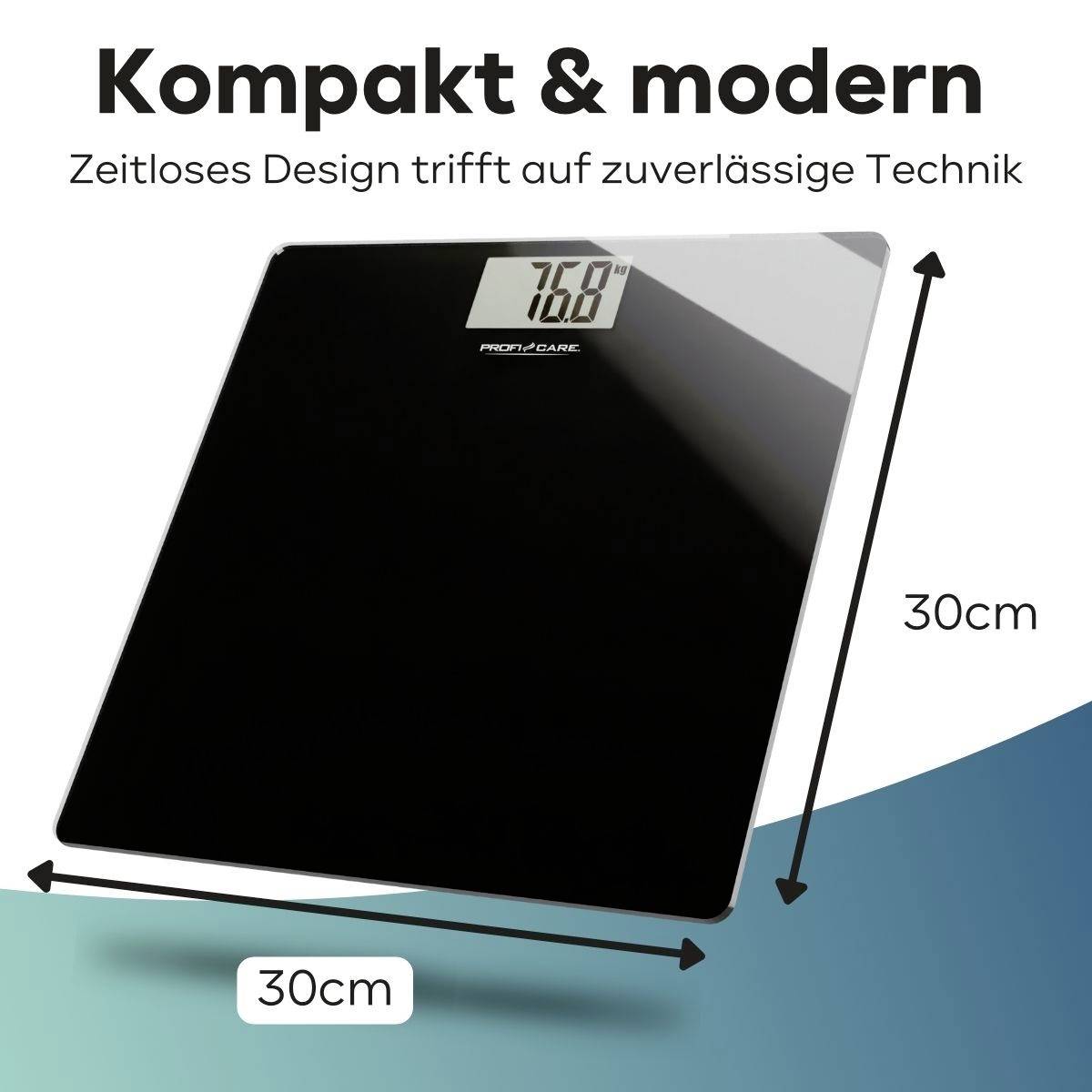 Schwarze digitale Waage mit Digitalanzeige '76,8'. Maße 30x30 cm. Text: 'Kompakt & modern. Zeitloses Design trifft auf zuverlässige Technik'.