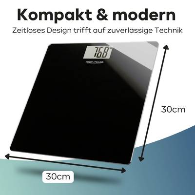 Schwarze digitale Waage mit Digitalanzeige '76,8'. Maße 30x30 cm. Text: 'Kompakt & modern. Zeitloses Design trifft auf zuverlässige Technik'.