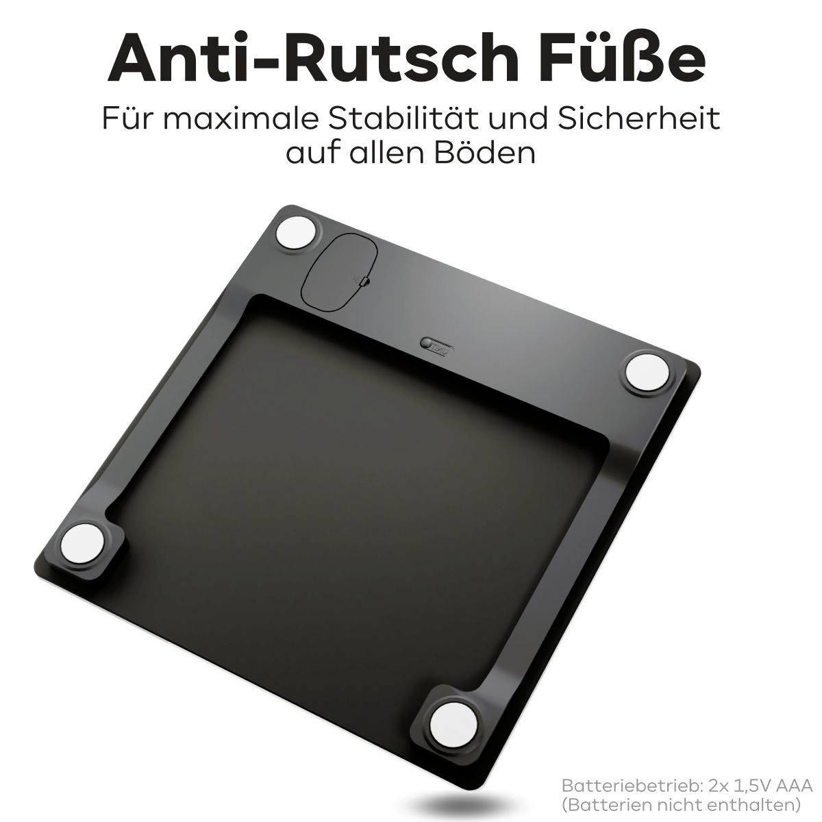 Die Abbildung zeigt eine schwarze Fläche mit abgerundeten Ecken, gekennzeichnet durch 'Anti-Rutsch Füße'. Batteriebetrieb: 2x AAA.