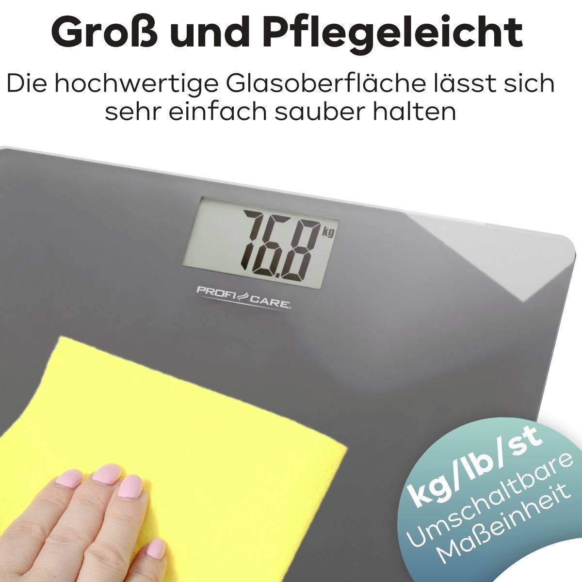 'Digitale Waage mit 7,6 kg Anzeige auf Bildschirm, Text: Groß und Pflegeleicht, kg/lb/st umschaltbare Maßeinheit.'
