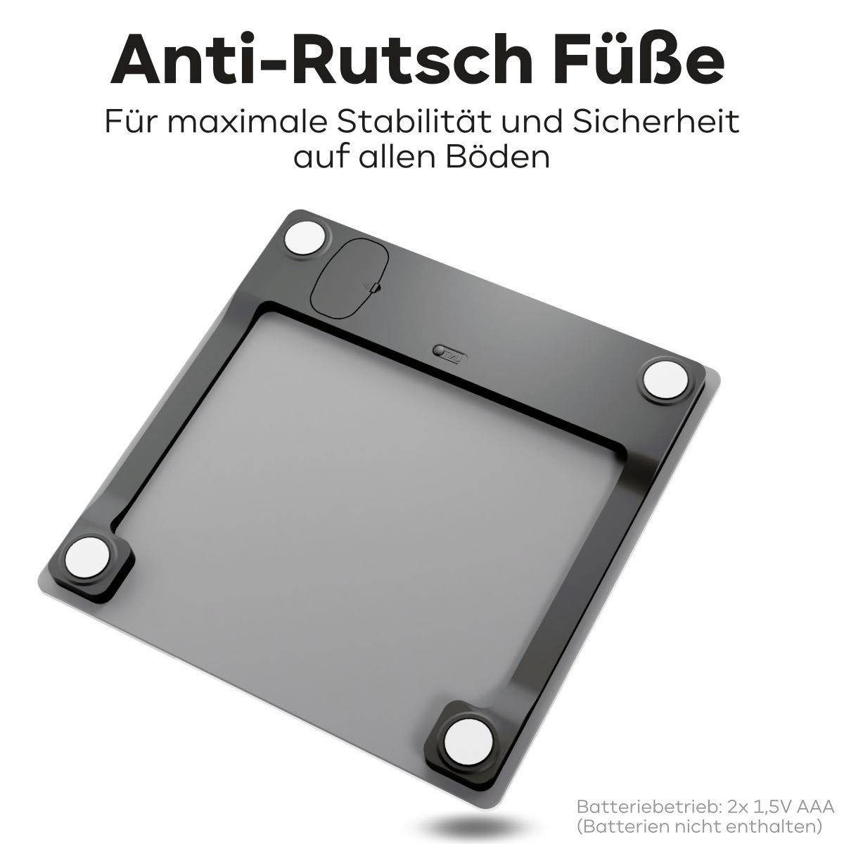 Die Abbildung zeigt die Unterseite eines Geräts mit vier Anti-Rutsch-Füßen, die Stabilität und Sicherheit auf allen Böden bieten.