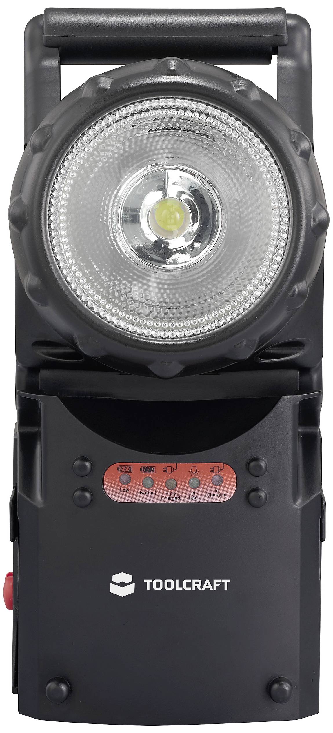 Eine schwarze, tragbare LED-Arbeitsleuchte von Toolcraft mit einem großen, runden Scheinwerfer und mehreren Steuerknöpfen auf der Vorderseite.