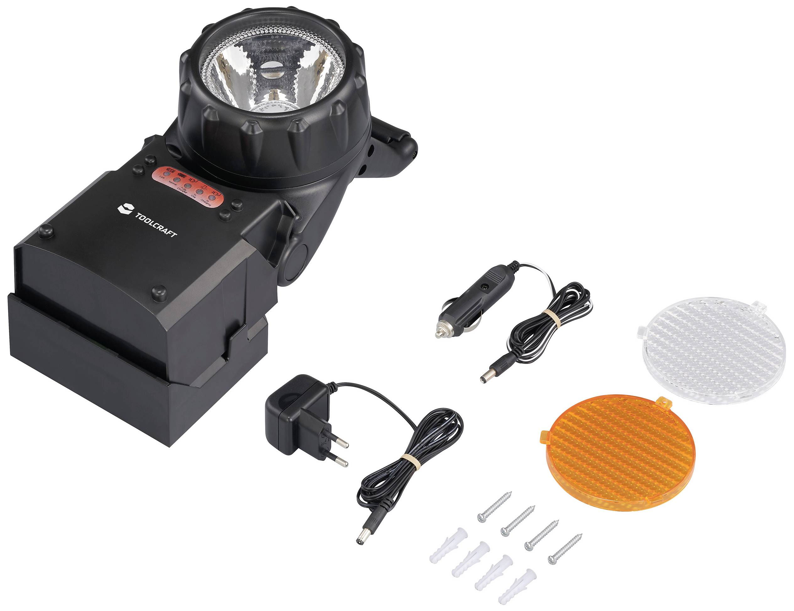 Tragbarer Baustrahler mit Zubehör: Ladegerät, Kfz-Kabel, orangefarbener und weißer Filter, vier Schrauben.